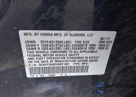 2017 Honda Pilot Ex-L from USA, damaged, VIN 5FNYF5H62HB021601